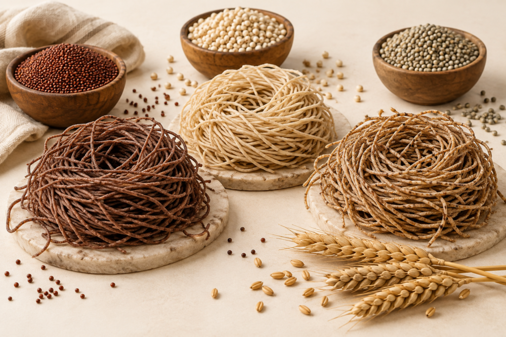 Ragi, jowar and multi millet dried noodle nests with grain bowls