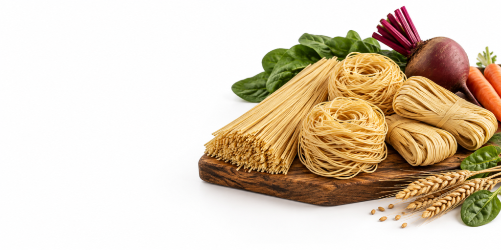 Straight wheat noodles, nests and folded chowmein bundles with fresh vegetables