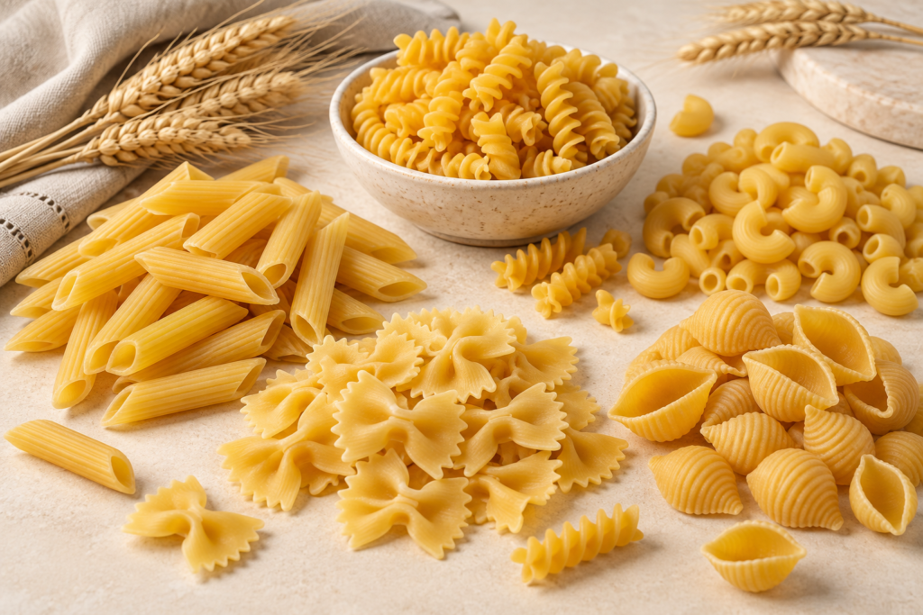 Assorted penne, fusilli, macaroni, farfalle and shell pasta