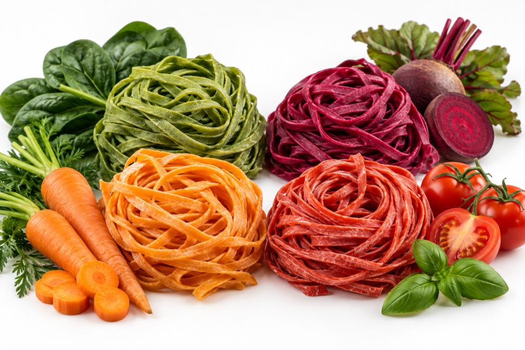 Spinach, beetroot, carrot and tomato vegetable noodle nests with fresh produce