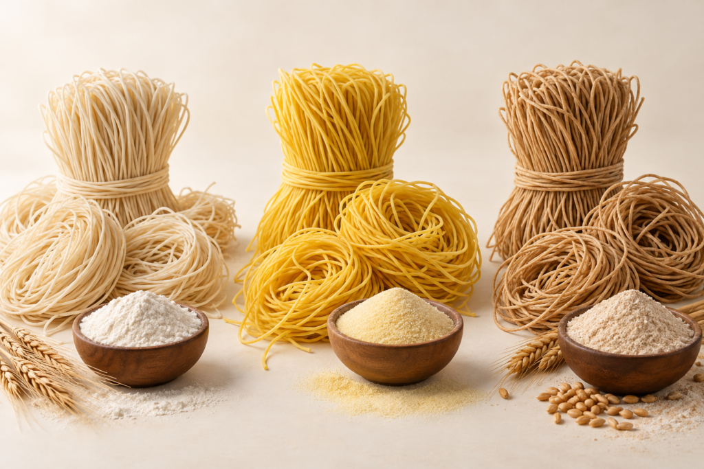 Maida, suji and whole wheat dried noodle varieties with bowls of flour